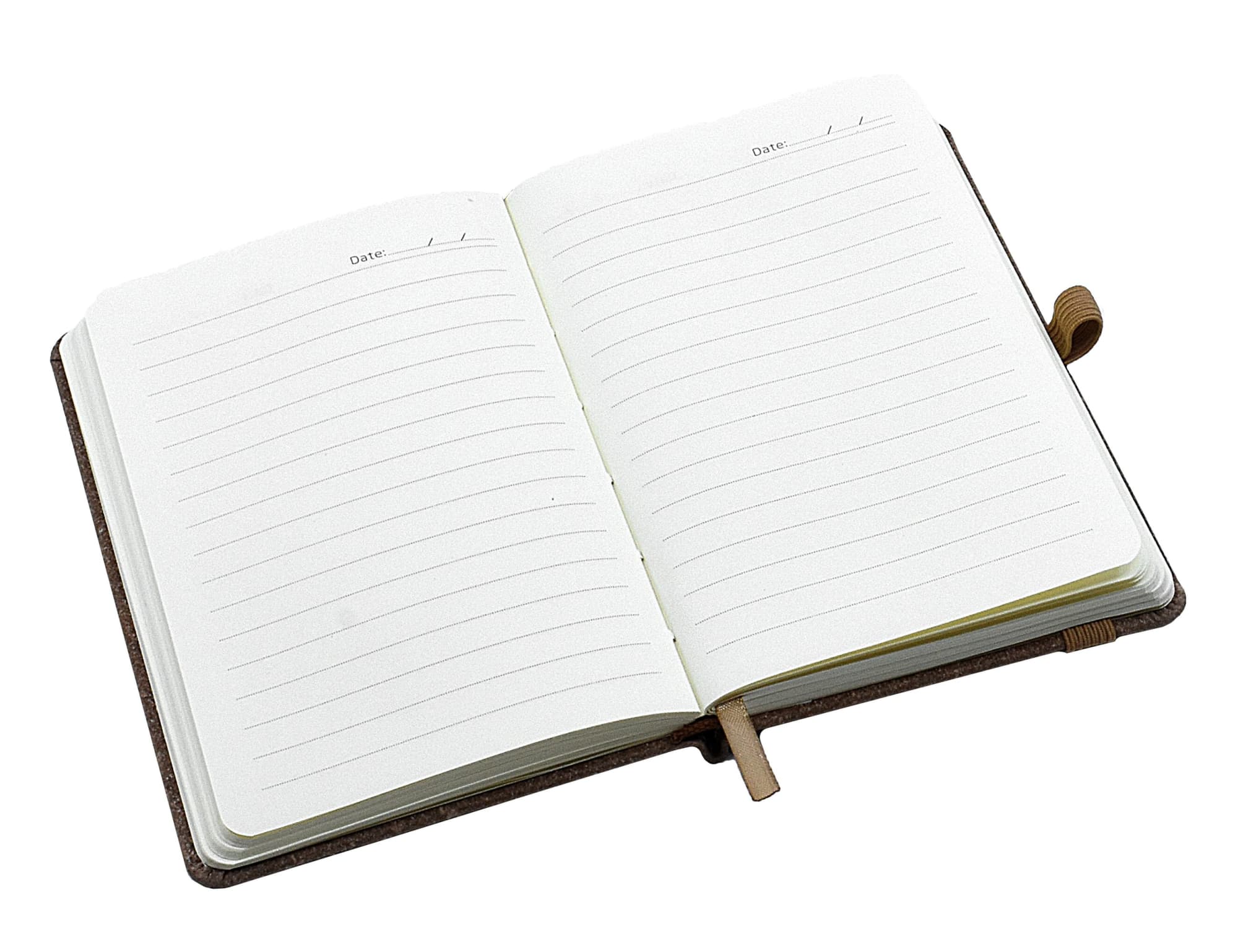An A6 Italian bonded leather notebook with lined pages and a ribbon bookmark, featuring a brown exterior.