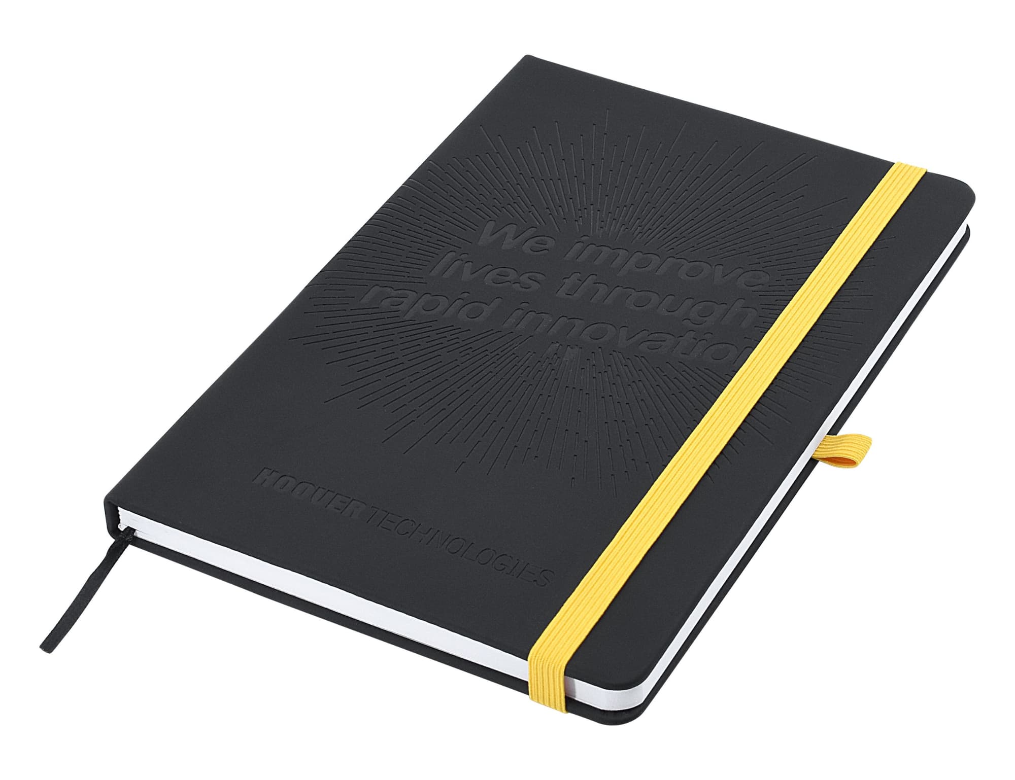 A black A5 notebook with a textured debossed design and a yellow elastic band. It includes a logo.