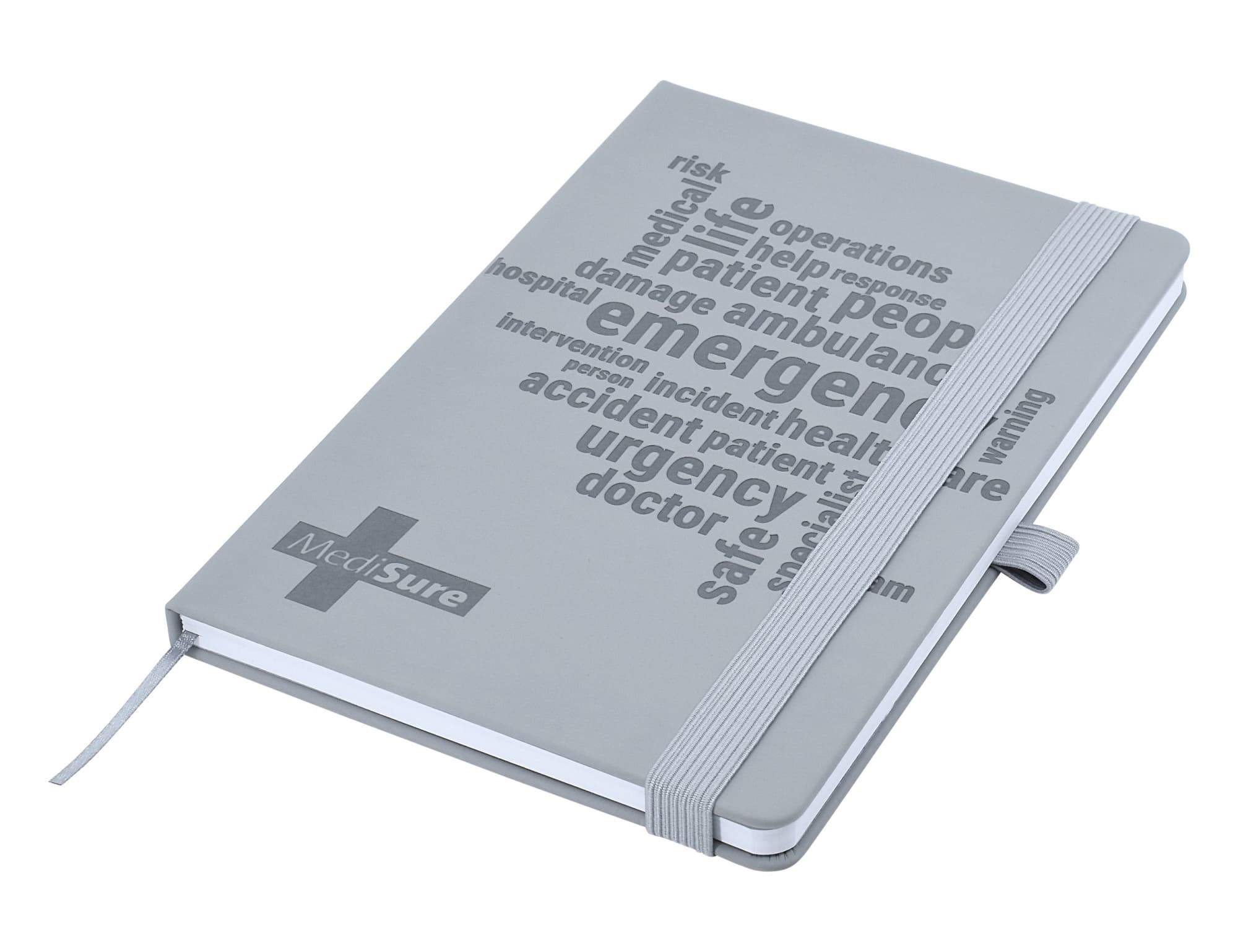A grey A5 notebook with a soft touch cover featuring debossed text and a matching elastic band.
