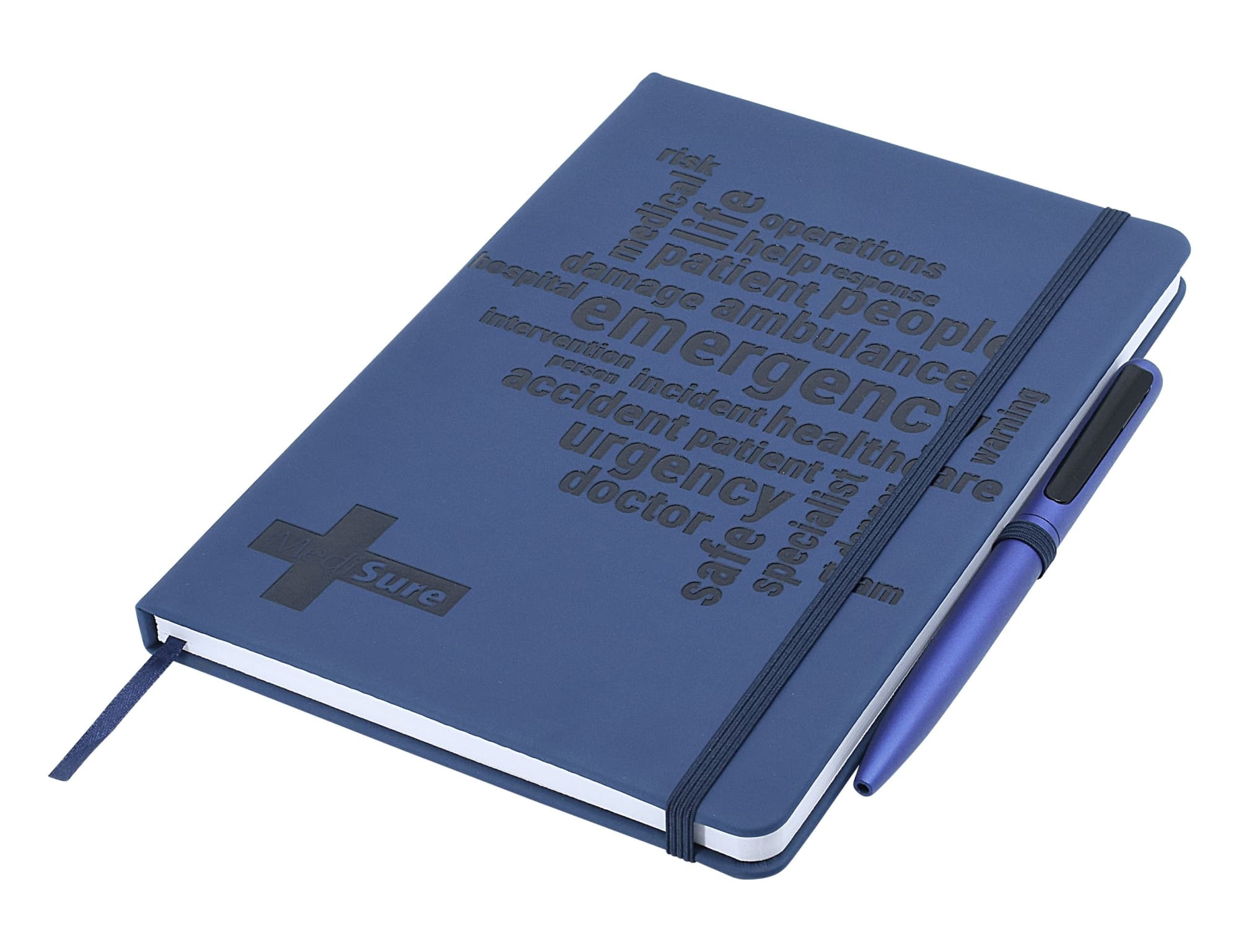 A navy blue A5 notebook with a textured cover and an elastic band, accompanied by a blue pen.