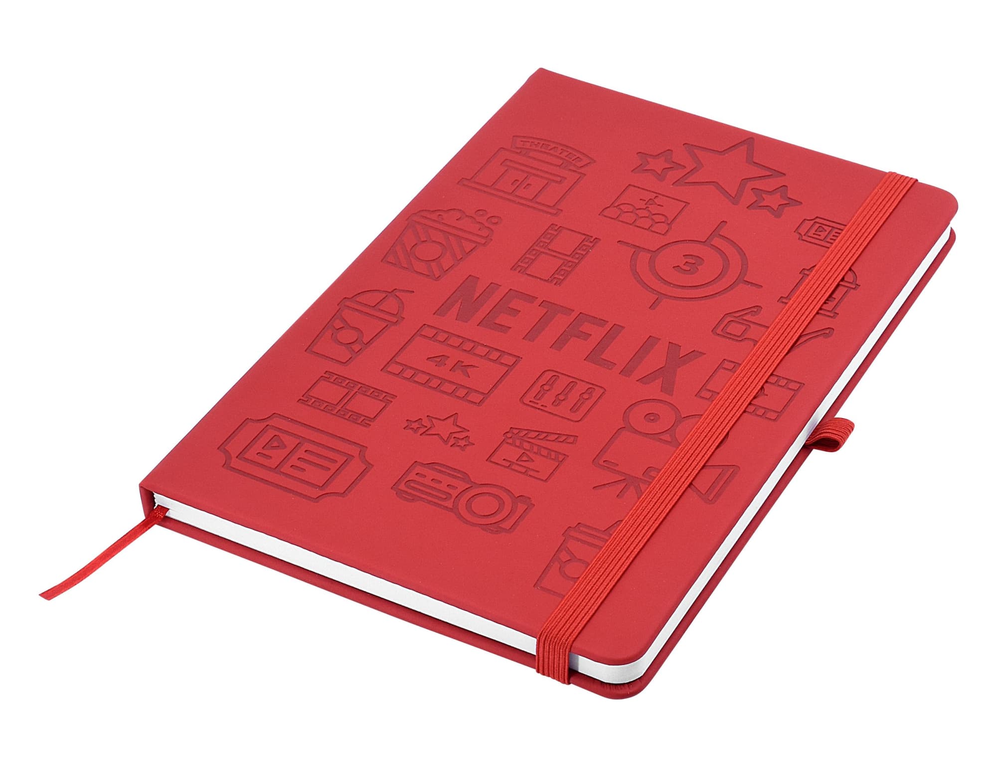 A red A5 notebook with a debossed design, featuring various icons and an elastic band closure.