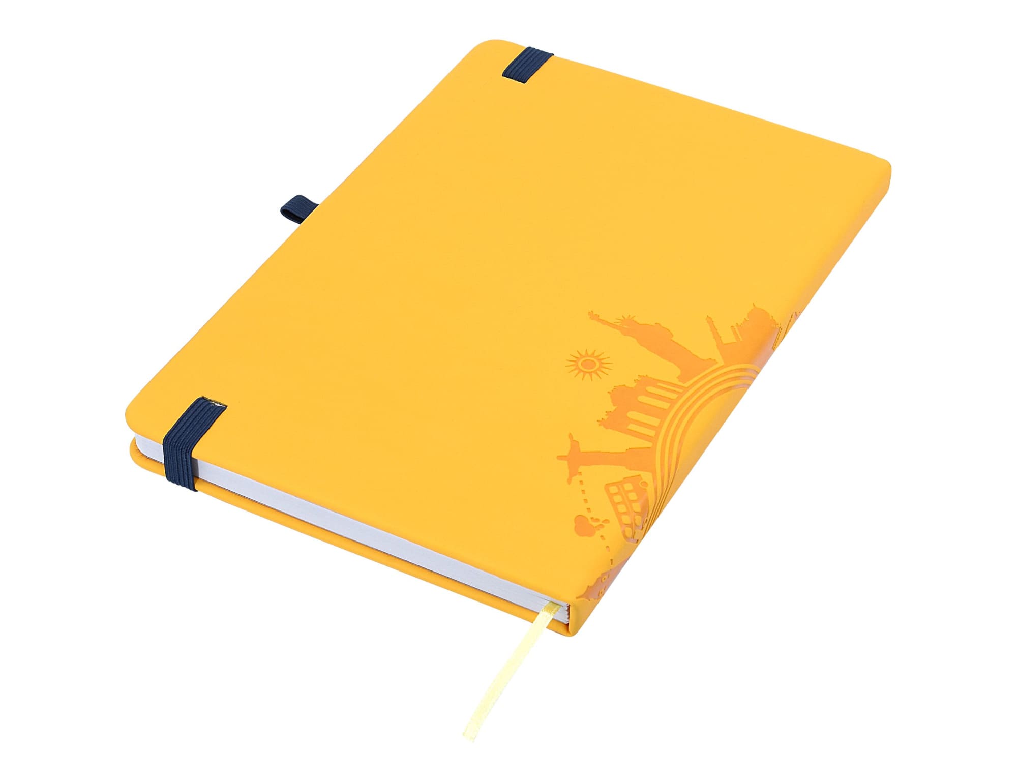 An A5 notebook in bright yellow with a soft-touch finish, featuring a decorative design and a blue elastic band.