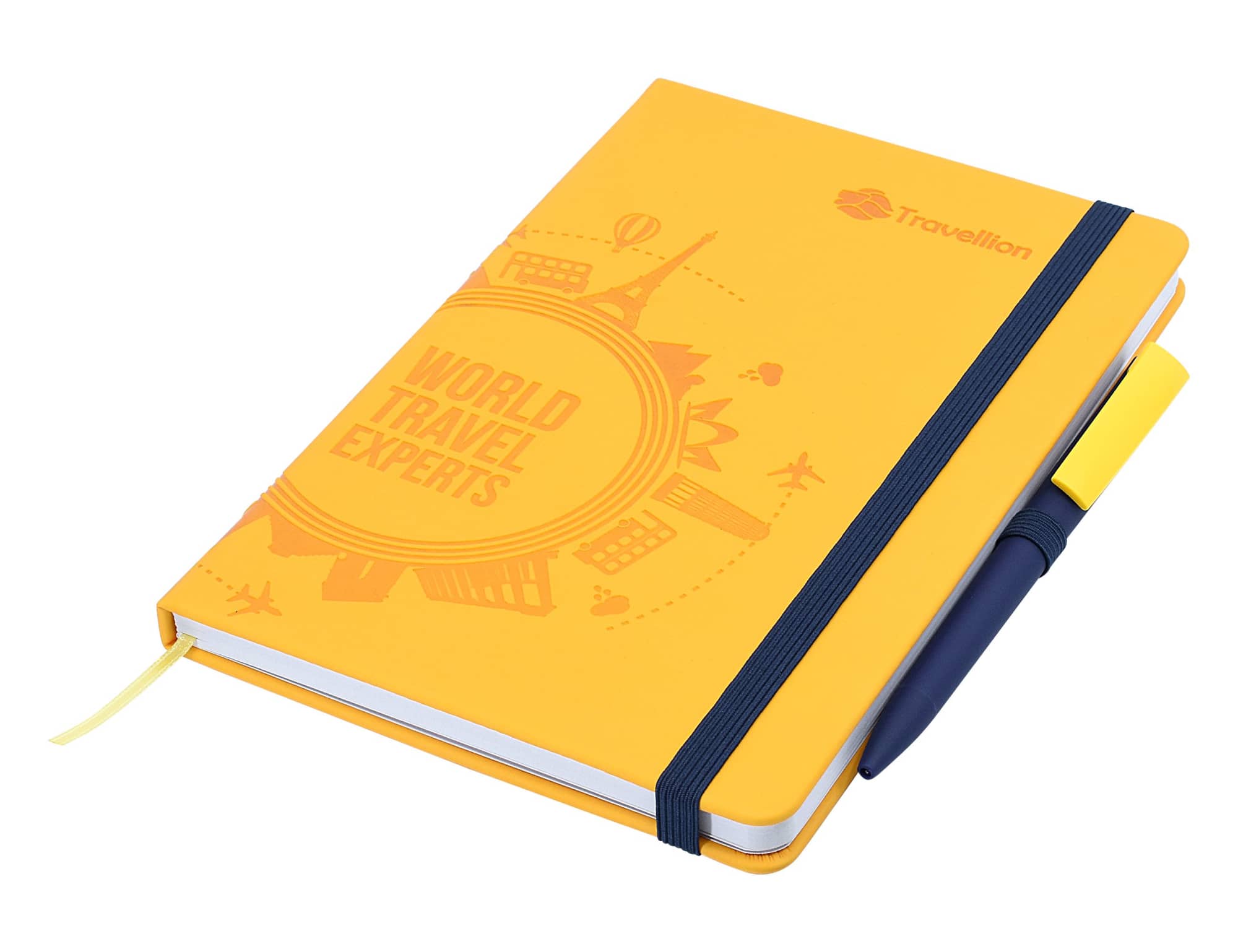 A yellow A5 notebook with a logo, elastic band, pen, and a yellow bookmark ribbon.