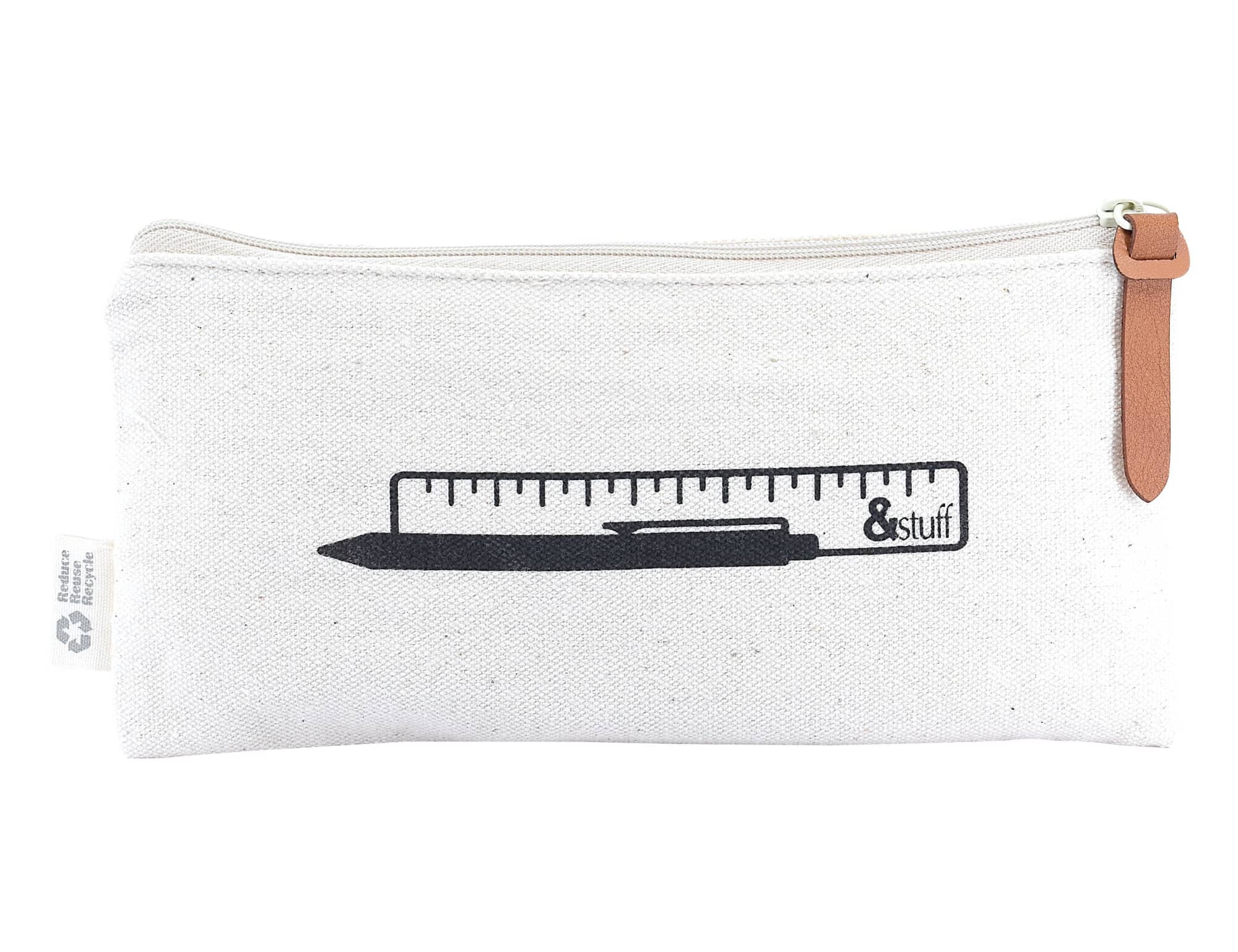 A white pencil case featuring a ruler and pen design, with a zipper closure and a leather pull tab.