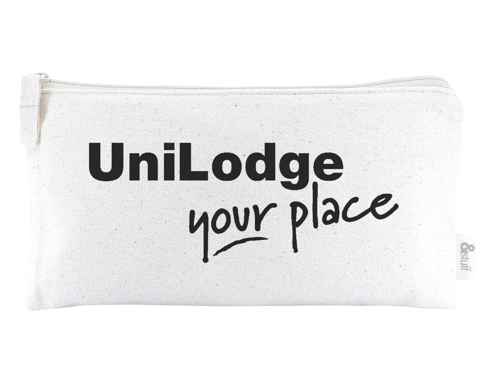 A white calico pencil case with a zip, featuring a branded logo and simple black text design.