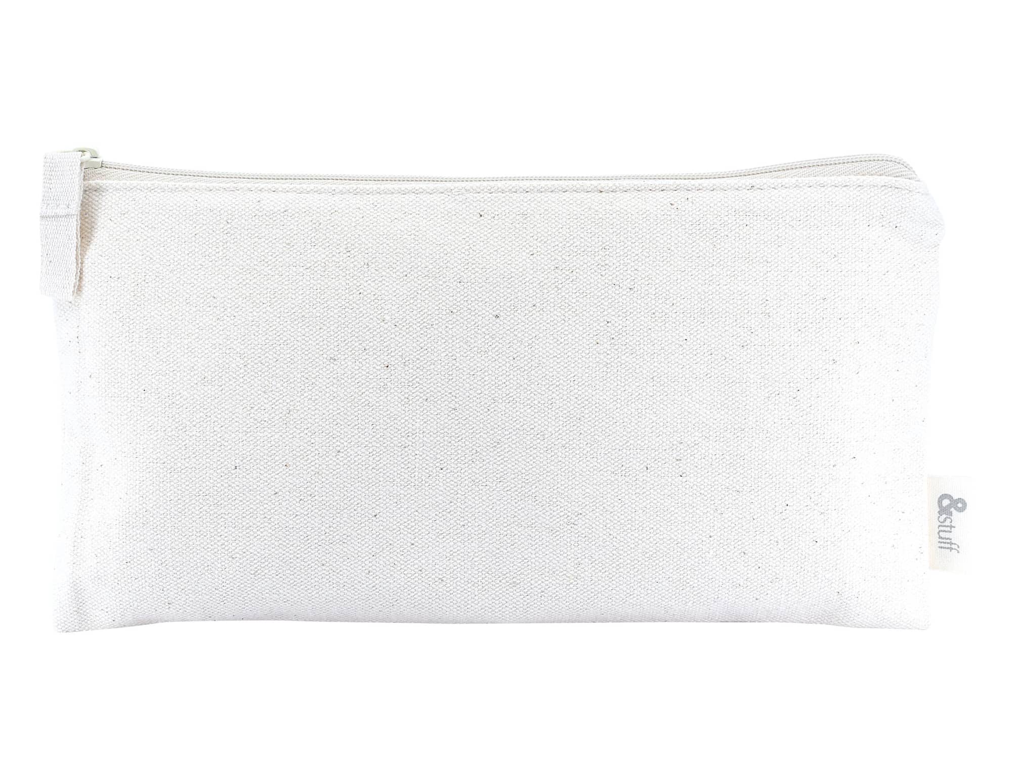 A white calico pencil case with a zip closure and a small logo on the side. Measures 10cm x 21cm.