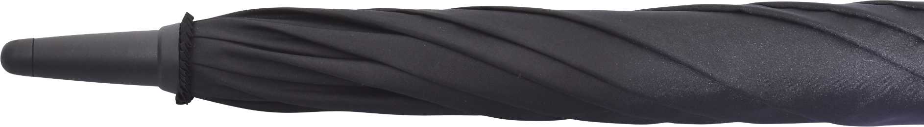 A black, twisted handle of the Deluxe 30 Auto Golf Umbrella with a sleek design and a logo.