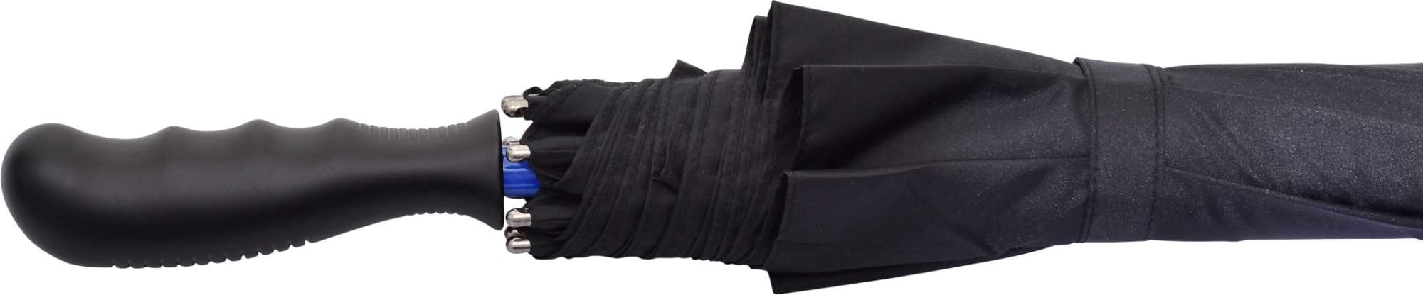 A black golf umbrella with a textured handle and a compact design, featuring a branding logo.
