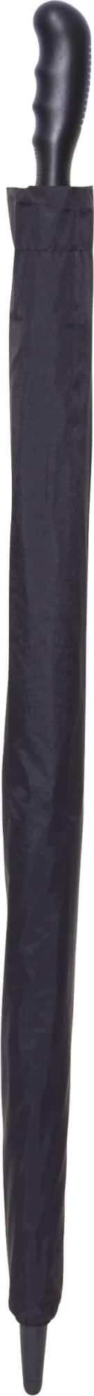 A black golf umbrella featuring a sleek handle and a compact design for easy carrying.