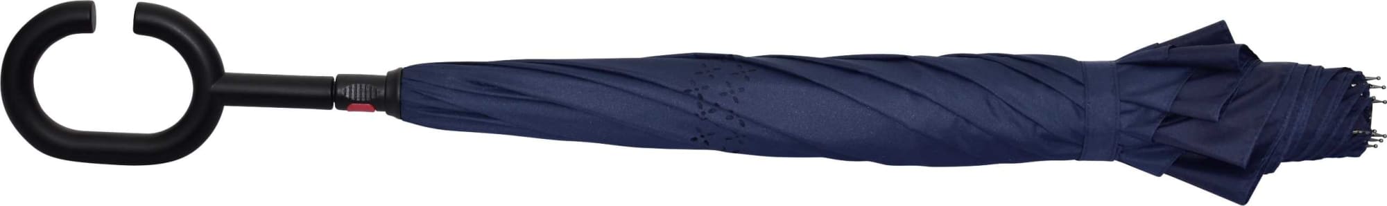 A navy blue inverted umbrella with a C-shaped handle, featuring a compact folded design and a logo on the handle.