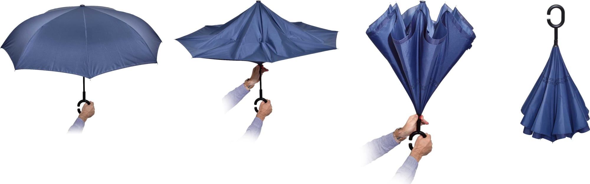 A navy blue inverter umbrella with a C handle, displayed in various stages of use and storage.