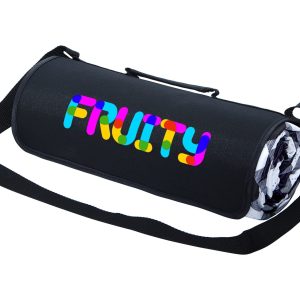 A black picnic rug rolled up with a colourful logo and an adjustable strap for easy carrying.