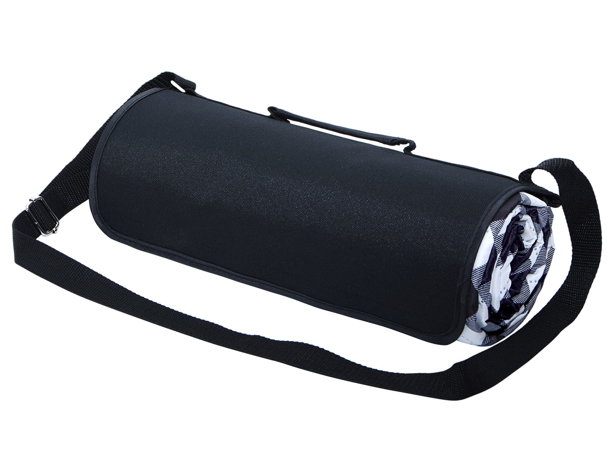 A large picnic rug rolled up in a black carry bag with a shoulder strap and a patterned inner design.