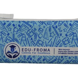 A blue pencil case featuring various office supplies illustrations and a logo, with a zip closure.