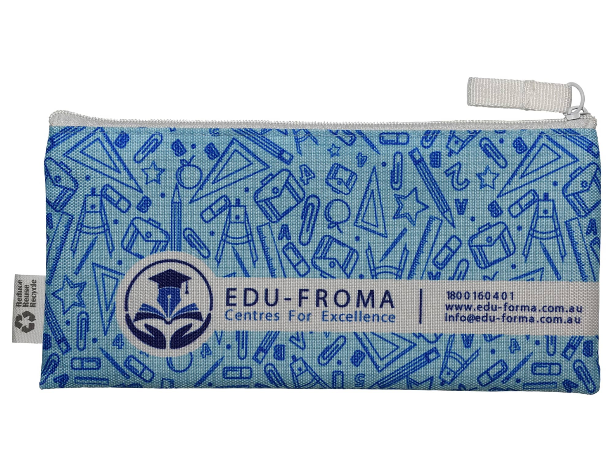 A blue pencil case featuring various school-related graphics and a logo, zippered for closure.