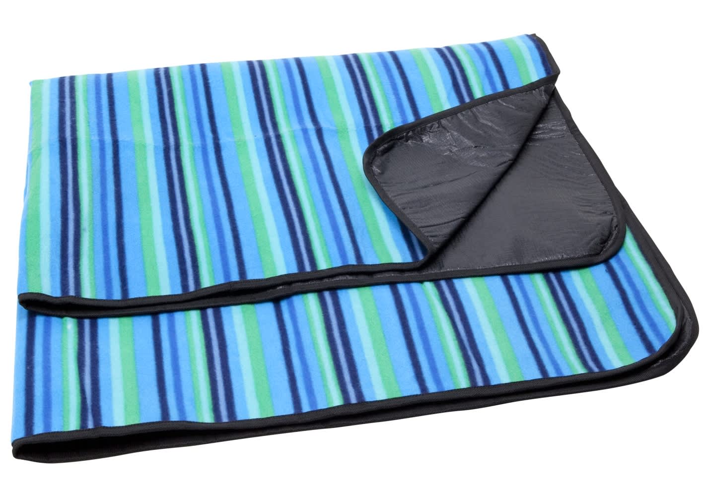 A striped picnic rug in blue, green, and black, featuring a black backing and a folded corner.
