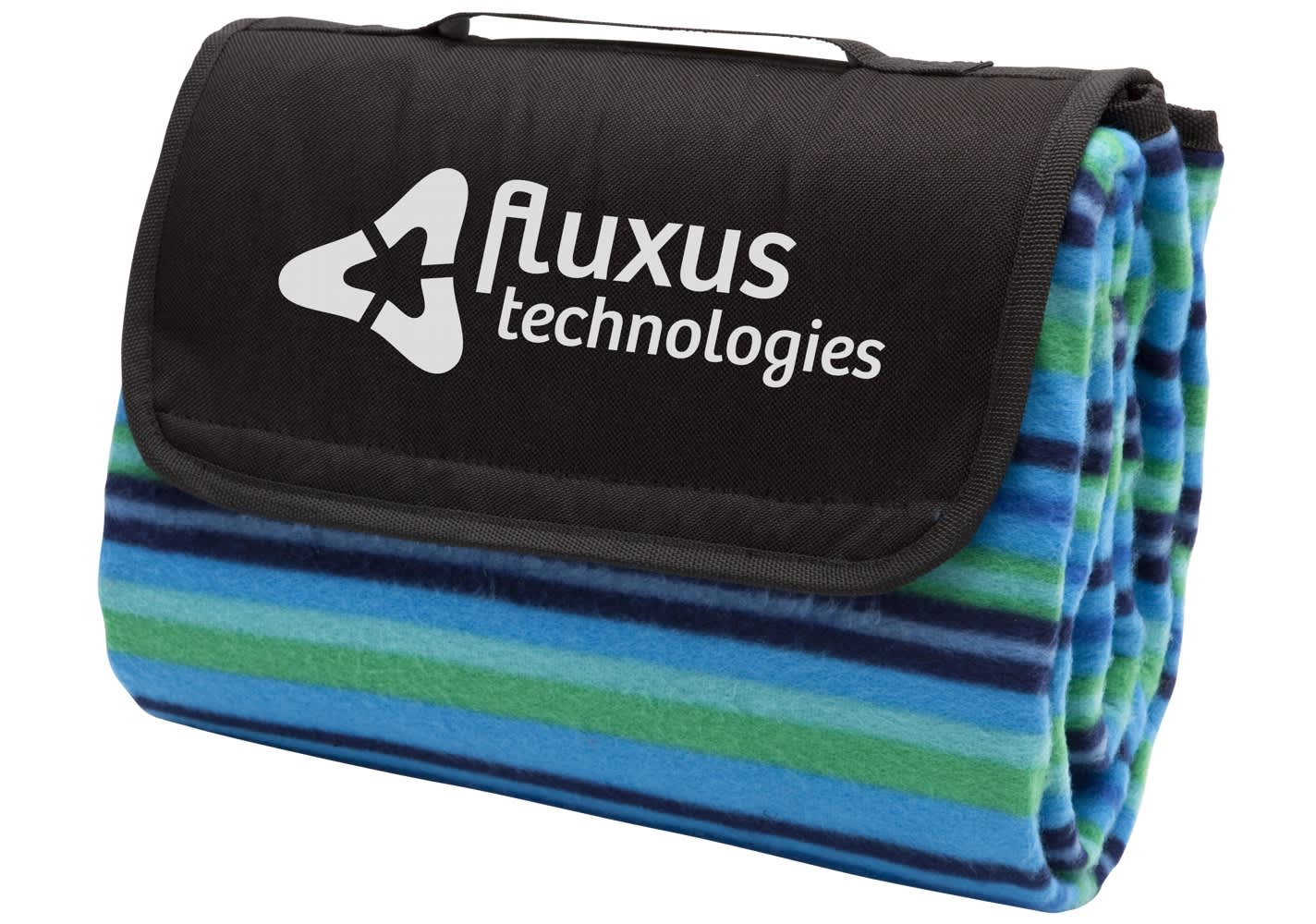 A folded picnic rug featuring blue, green, and black stripes with a branding logo.