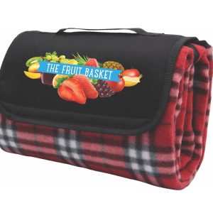 A red check picnic rug with a black flap and a logo of assorted fruits on the front.