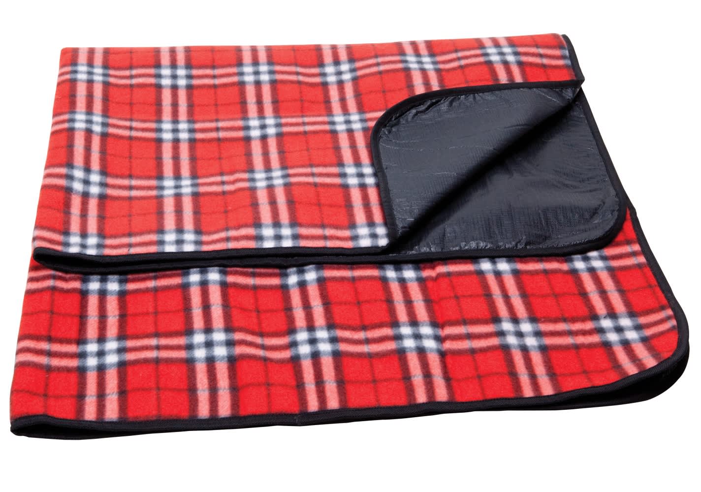 A red check picnic rug with a black underside and a folded corner, featuring a plaid pattern.