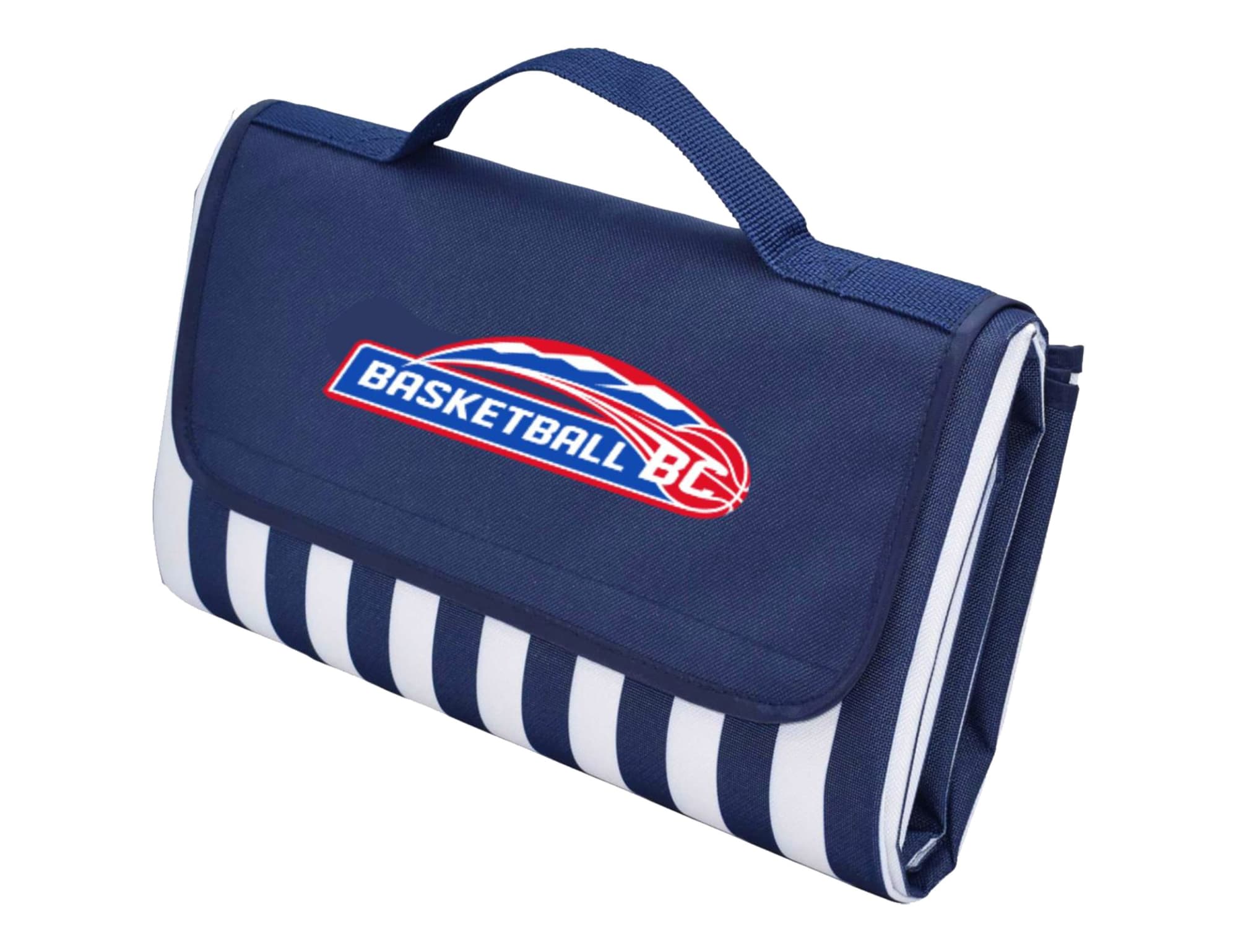 A navy picnic rug with a striped design and a branding logo, featuring a carry handle for easy transport.