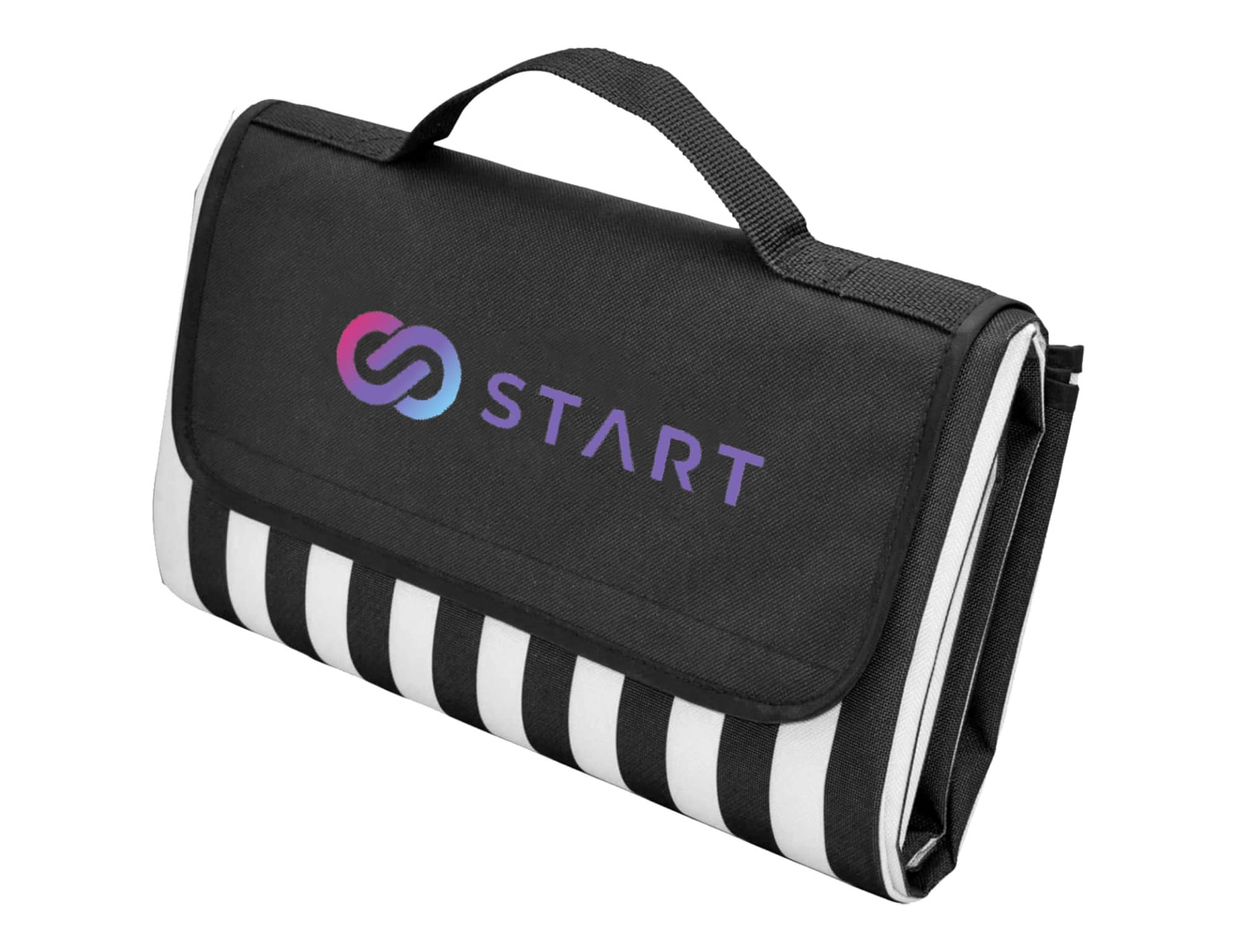 A black and white striped picnic rug featuring a carry handle and a logo on the front.