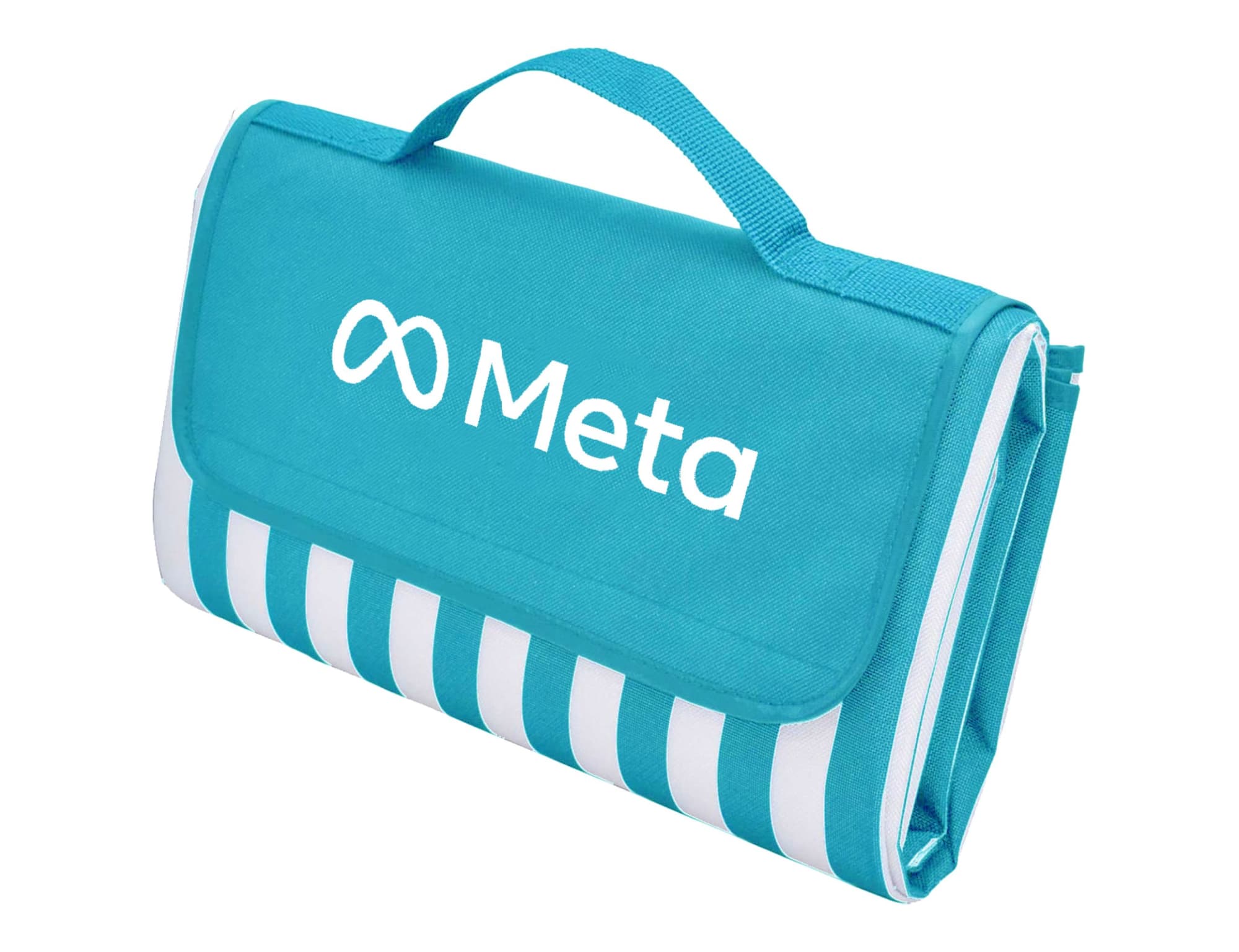 A picnic rug in aqua blue with white stripes, featuring a logo on the front and a carry handle.