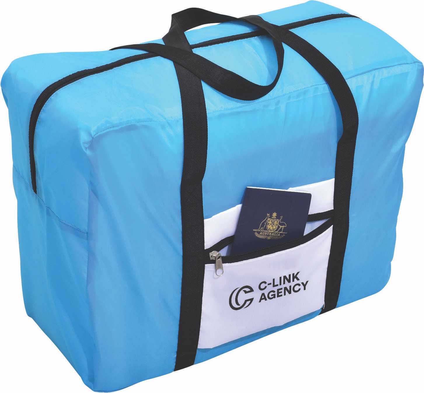 A blue wheeled travel bag with black handles and a front pocket, featuring a logo. A passport is visible in the pocket.