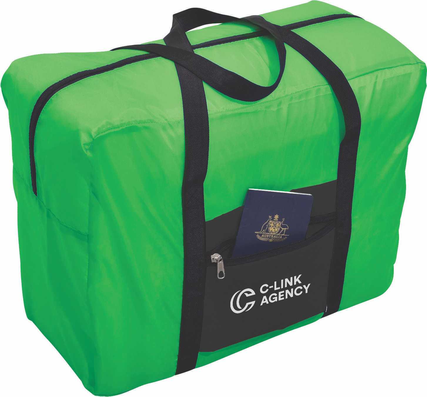A green wheeled travel bag with black straps and a front pocket, featuring a passport inside. It has a logo.