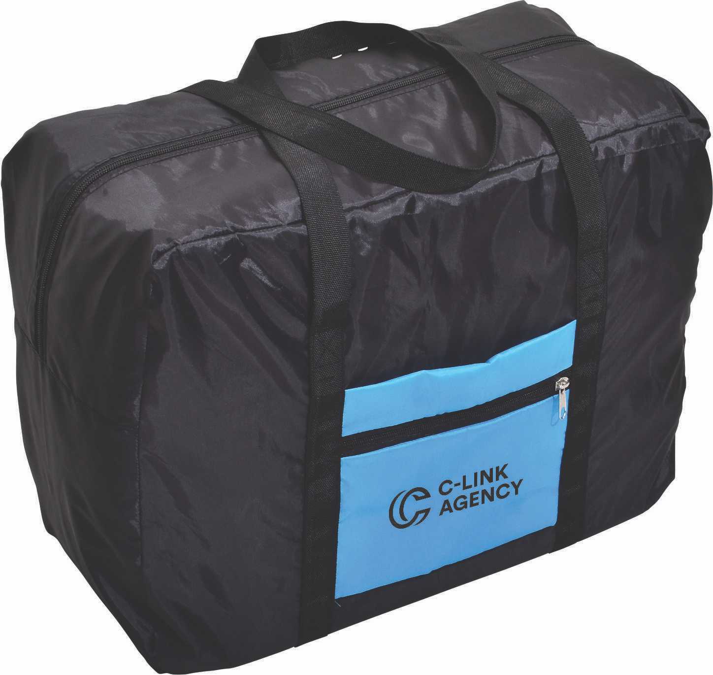 A black wheeled bag with a blue zip pocket and handles, featuring a logo on the front.