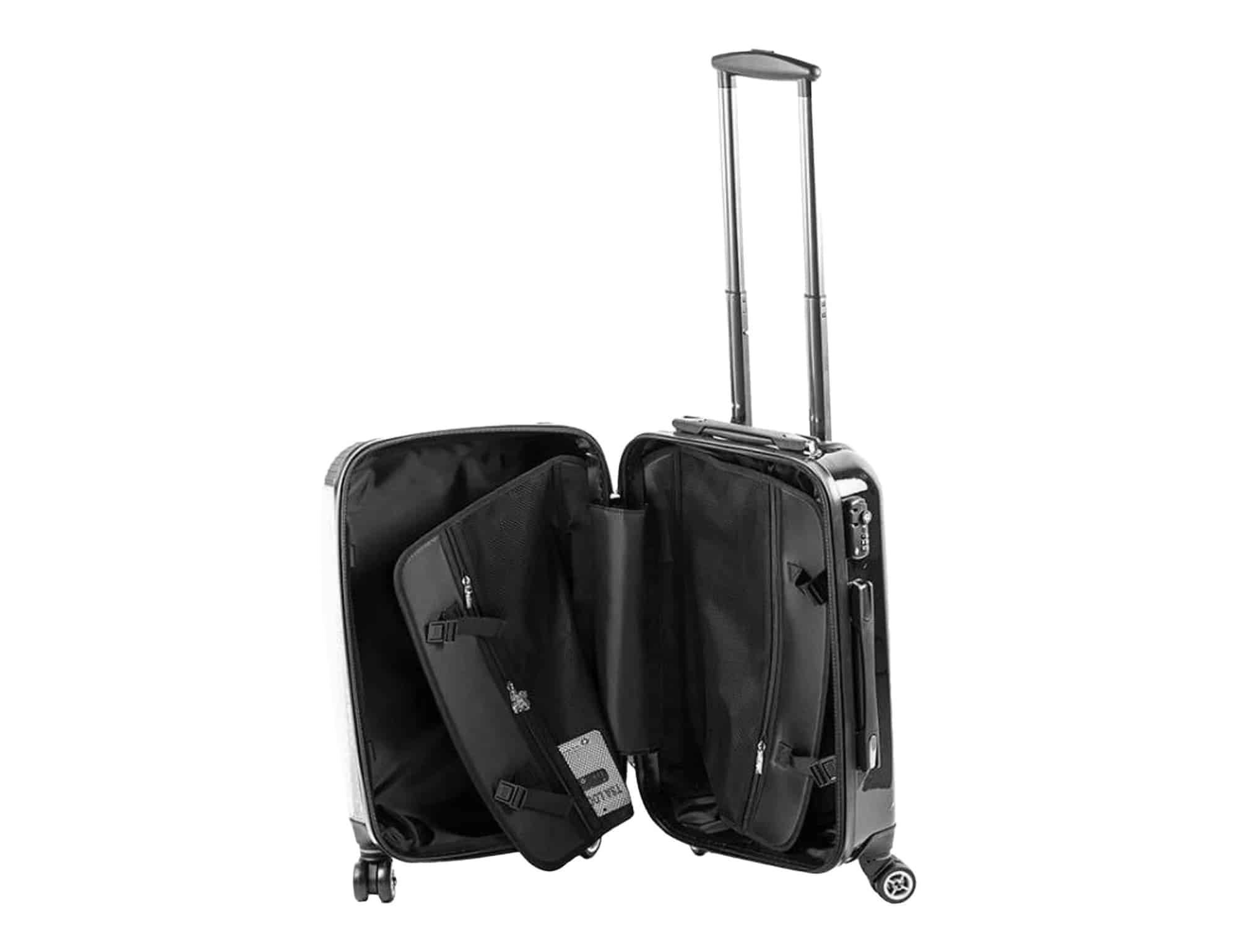 A black wheeled carry-on suitcase with a telescopic handle, open to reveal its interior compartments.