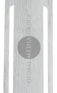 A rectangular metal clip with a brushed silver finish, featuring a circular logo in the centre.