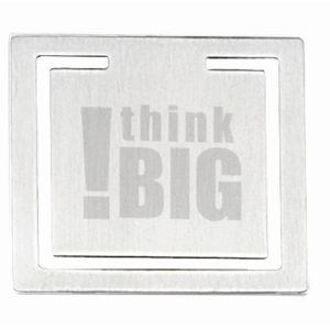 A square metal clip with a brushed finish and a logo. It has cut-out sections at the top.