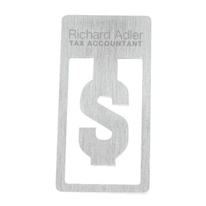 A metal business card featuring a dollar sign cutout, with engraved text and lines, in a silver finish.