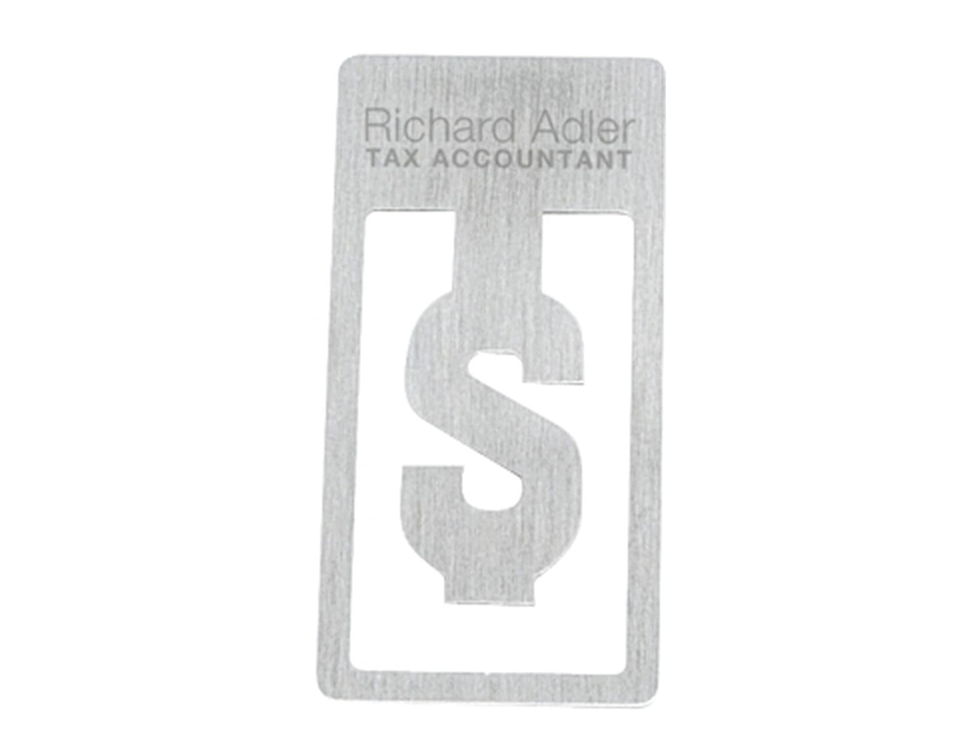 A silver business card featuring a dollar sign cut-out design and branding.
