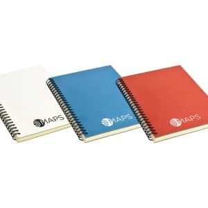 A set of three A5 notebooks in white, blue, and red, each with a spiral binding and a logo on the cover.
