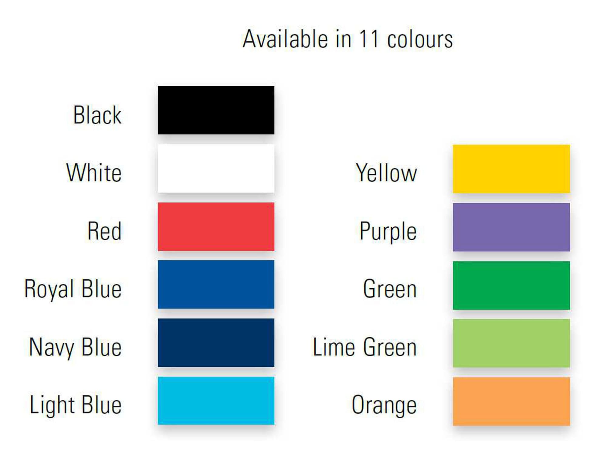 A colour chart displaying options for an emergency travel bag, including black, white, red, blue, yellow, and more.