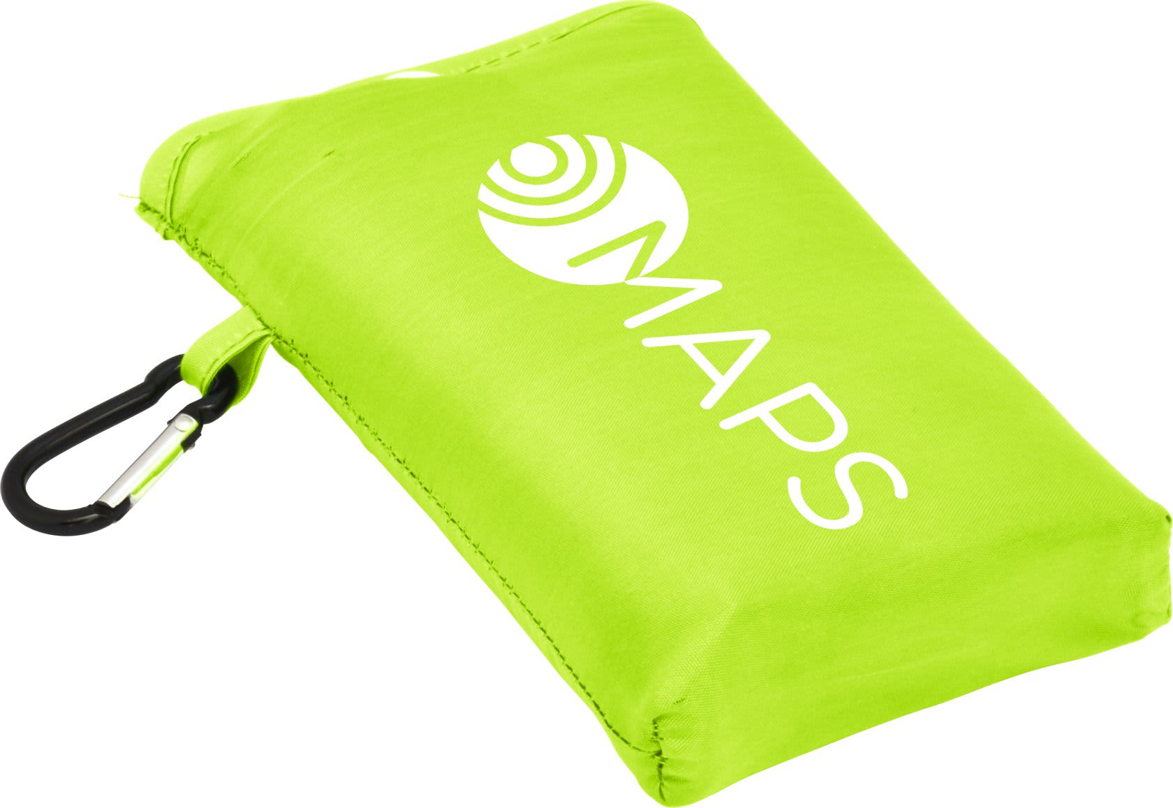 A compact picnic mat in vibrant green with a logo and a carabiner for easy attachment.