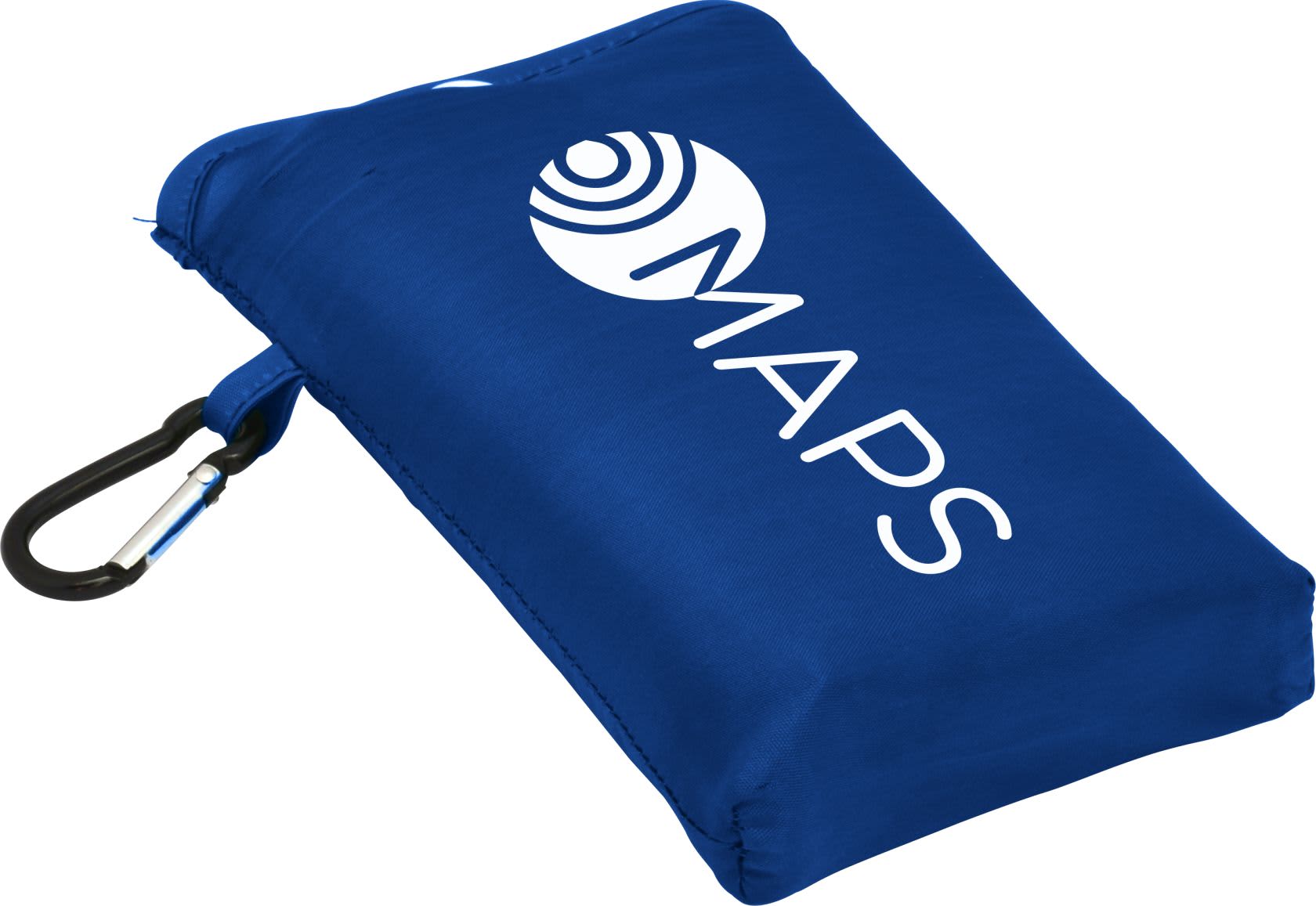 A compact blue picnic mat with a carabiner and a logo on one side, folded and ready for transport.