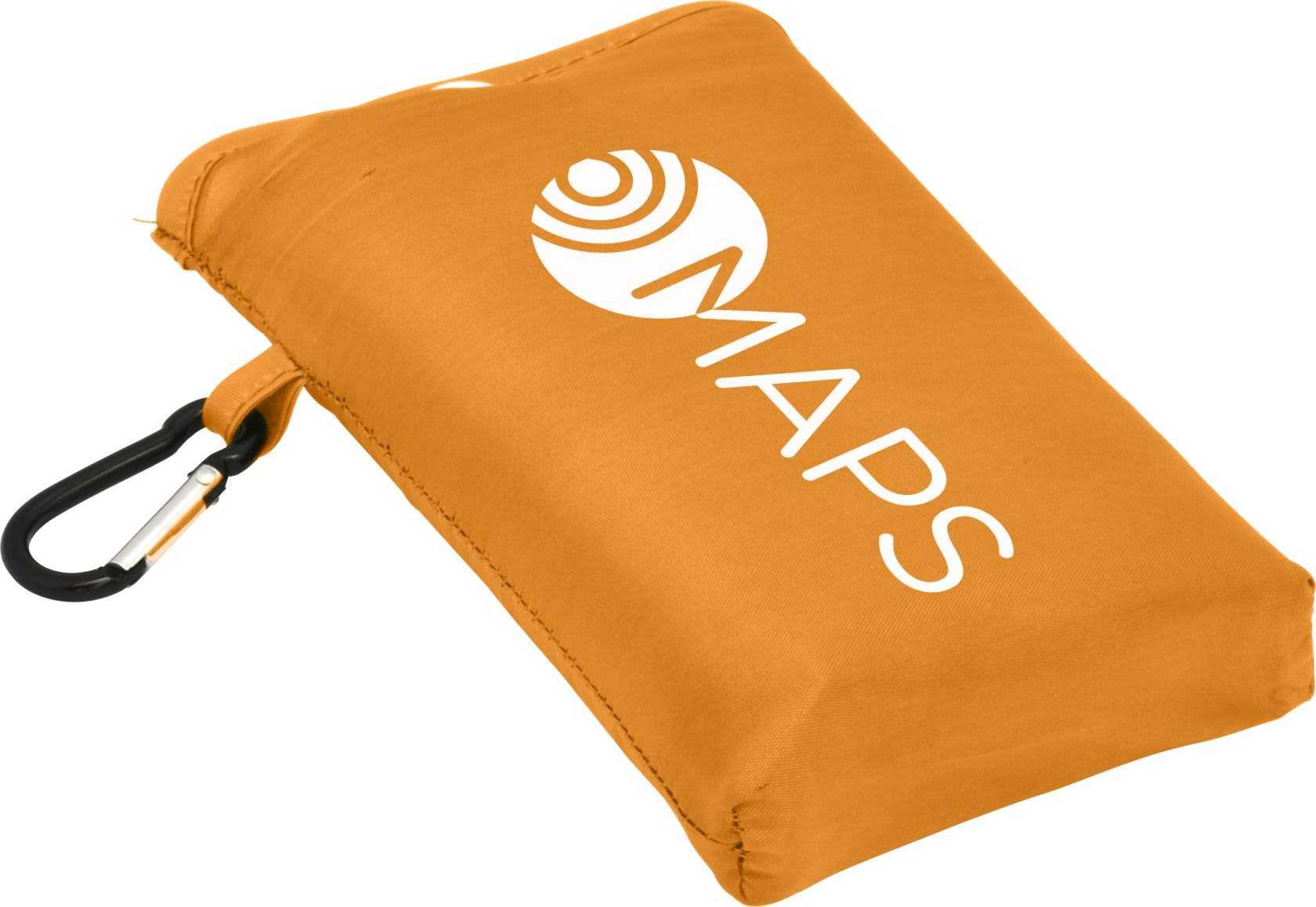 An orange compact picnic mat with a carabiner attached, featuring a white logo.