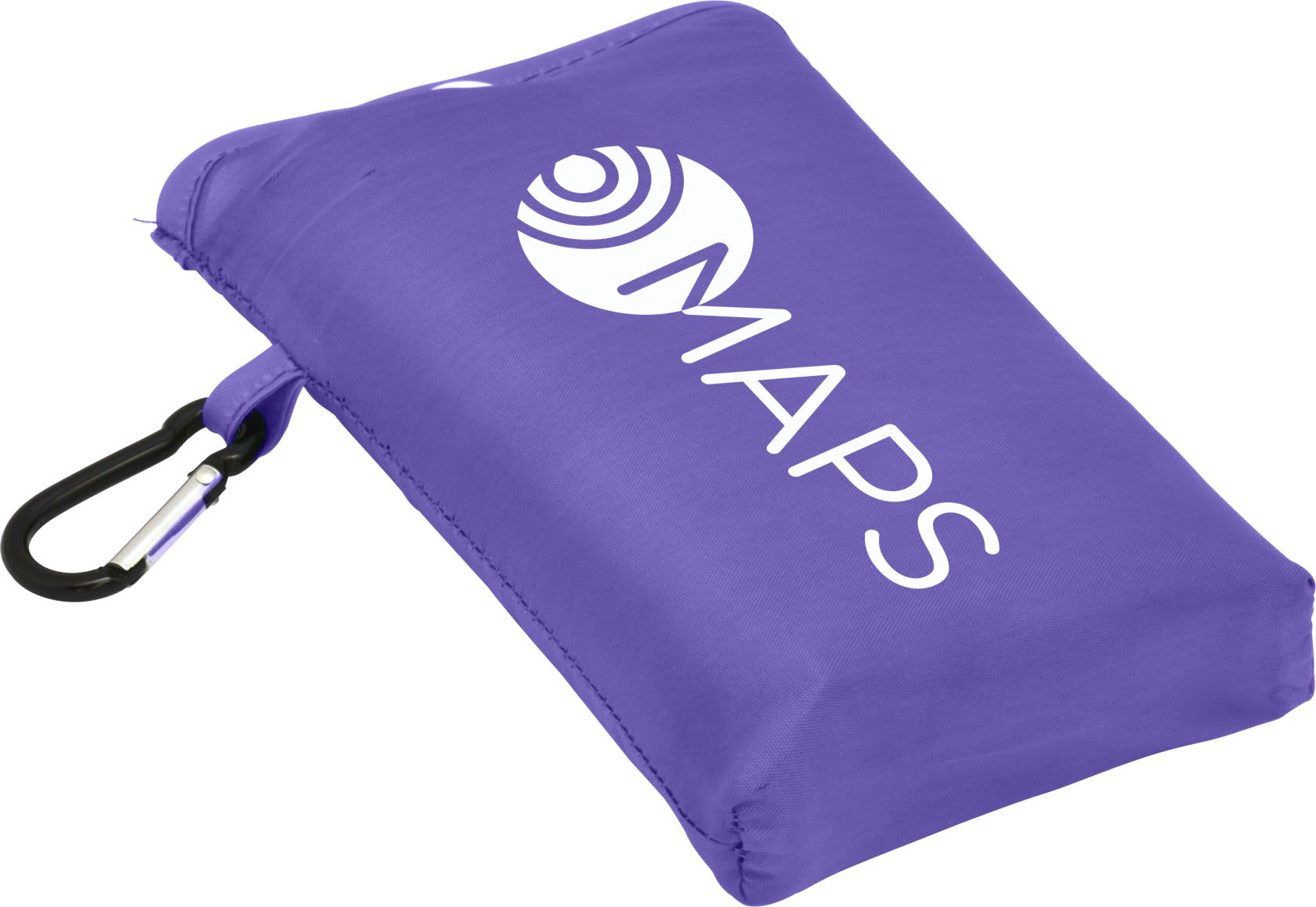 A purple compact picnic mat with a carabiner clip, featuring a logo on one side.