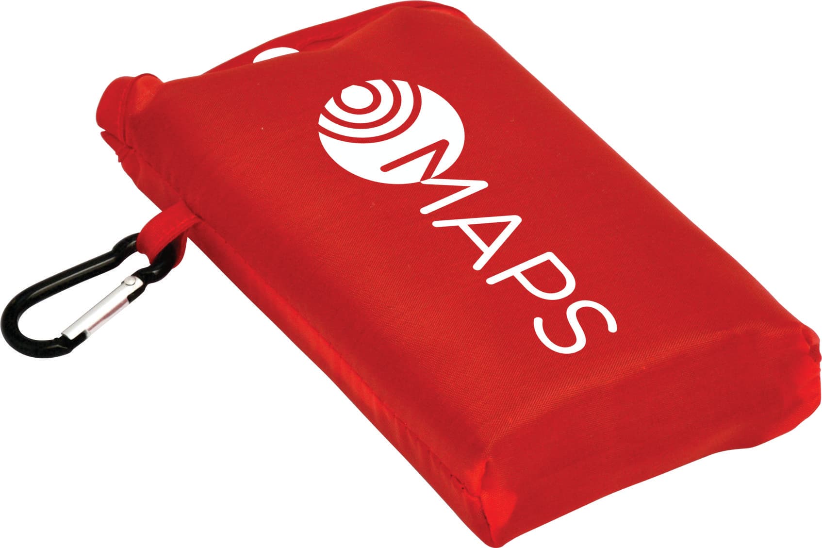 A compact red picnic mat with a carabiner clip and a logo on the surface.