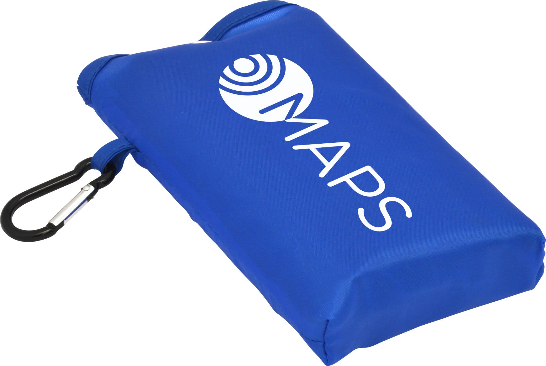 A compact blue picnic mat with a carabiner for easy attachment, featuring a logo.