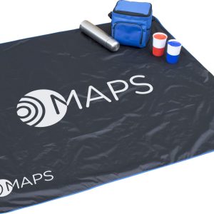 A black picnic mat with blue trim, a drink bottle, a blue cooler bag, and stacked cups in red and white.