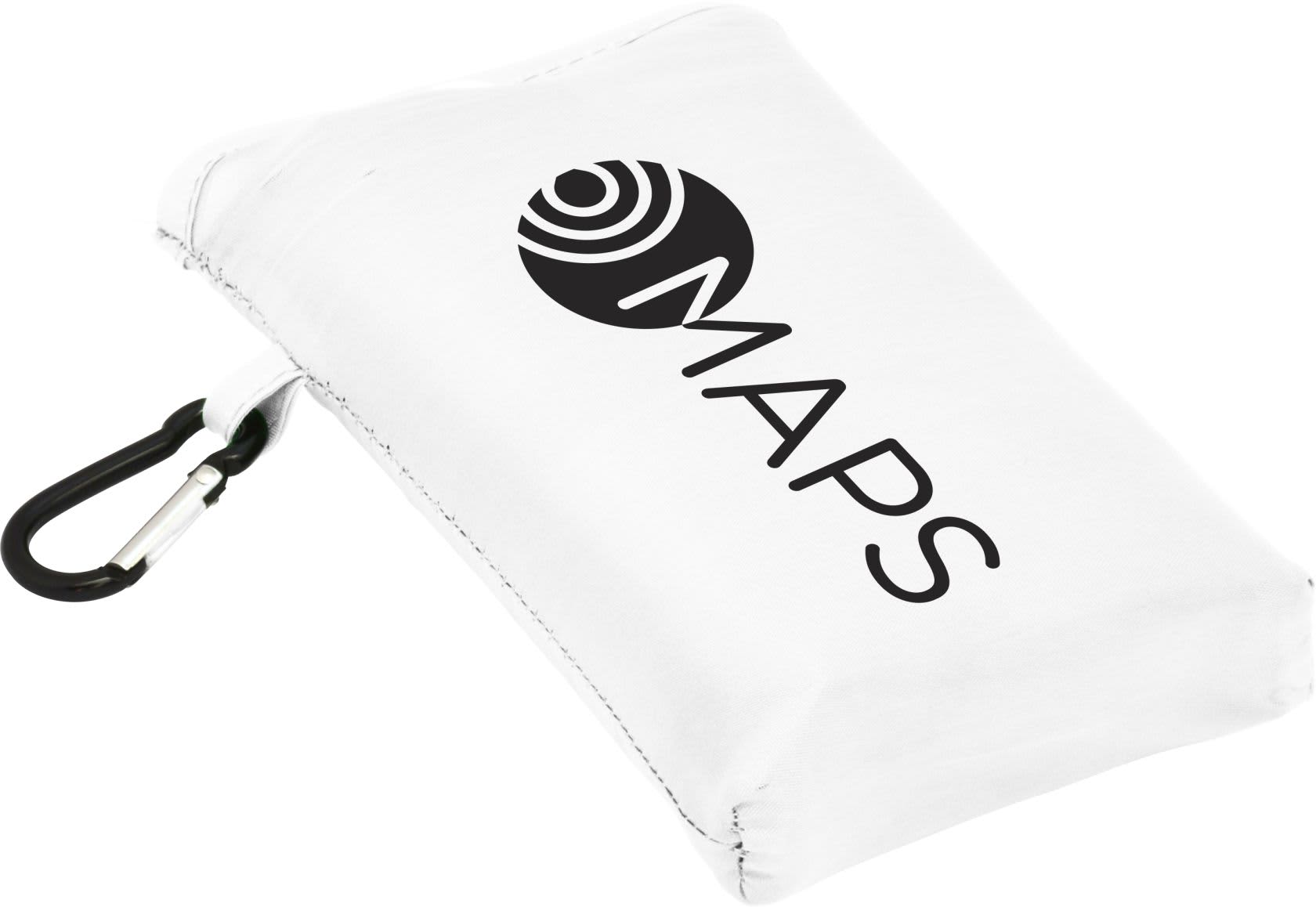 A compact white picnic mat with a logo and a carabiner for easy attachment.