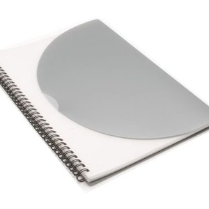 A large silver A4 notepad with a spiral binding and a transparent cover. It features a logo on the front.