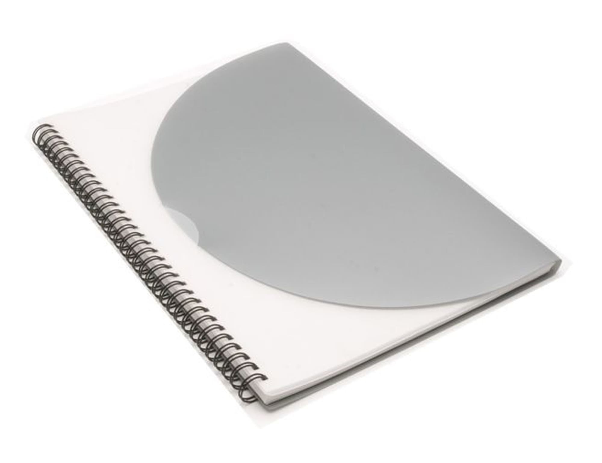 A large silver A4 notepad with a spiral binding and a transparent cover. It features a logo on the front.