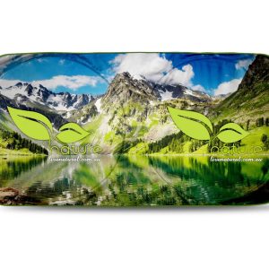A sunshade featuring a vibrant mountain landscape with a lake, predominantly green and blue in colour, and includes a logo.