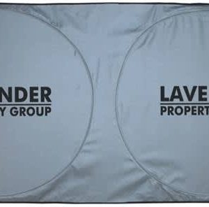 A grey sunshade with two circular cutouts and a prominent logo.
