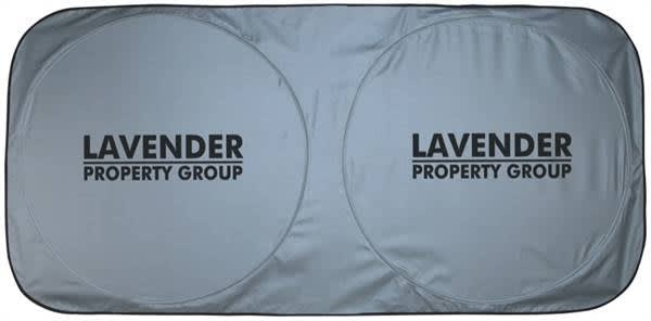A grey sunshade with two circular cutouts and a prominent logo.