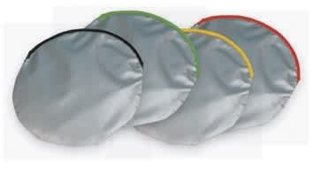 A set of circular sunshades in silver, with outer edges in black, green, yellow, and red.